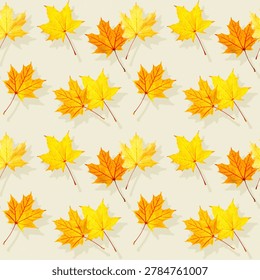 Seamless pattern of autumn yellow maple leaves with natural texture as background. Fall colors aesthetic backdrop with yellow orange leaves, autumnal foliage, seasonal atmosphere, nature concept.