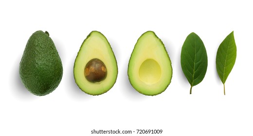 Seamless pattern with avocado and leaves on white background. Whole and half avocado with leaves.Food concept.