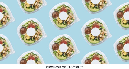 Seamless pattern of avocado salad in plastic bowl with lid for take away isolated. Fresh organic mixed green salad. Healthy organic food delivery. Diet concept. Fitness meal - Powered by Shutterstock