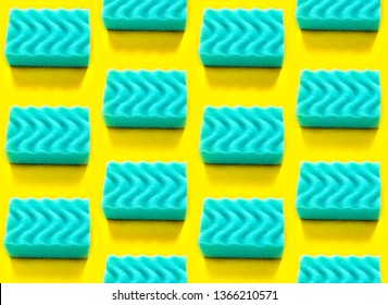 Seamless pattern with blue dishwashing sponges on yellow background