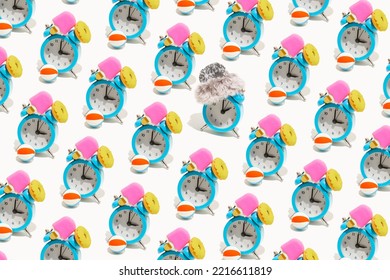 Seamless Pattern Of Blue Retro Alarm Clocks Show 3 O'clock And One Shows 2. Changing Clock From Summer Time To Winter Time. Shifting The Clock Hands Back In Autumn.