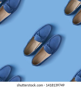 Seamless Pattern Of Blue Suede Man's Mocassin Shoes Over Blue Background, Top View