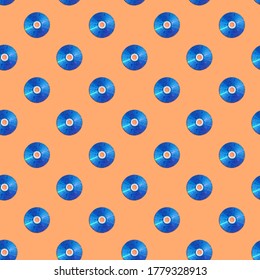 seamless pattern of CD disk against orange background, retro style design template