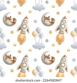 Seamless pattern for children's textiles with a fox in space