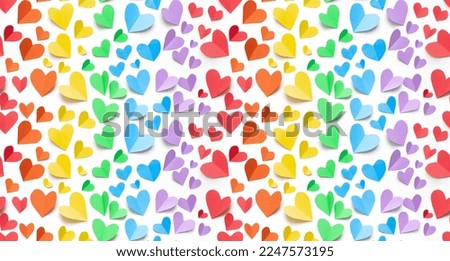 
seamless pattern composition with rainbow colored paper hearts on a white background. concept of valentine's day, lgbt, pride month. copy space. flat lay. top view.