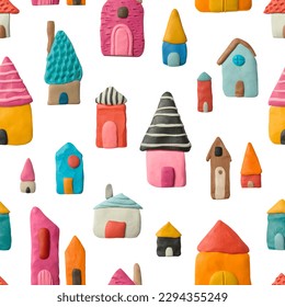Seamless pattern of cute handmade houses. Multicolored plasticine buildings. Modelling clay.  - Powered by Shutterstock