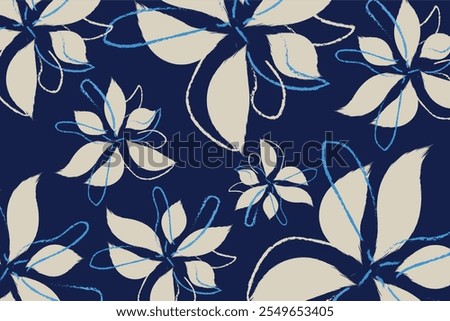 The seamless pattern, dark blue textile art, hand-draw style background vibrant colors, fashion artwork for Fabric print