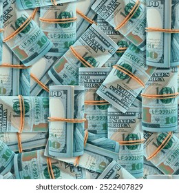 A seamless pattern depicting bundles of one hundred dollar bills, symbolizing wealth, finance, and prosperity. Perfect for financial or business-related designs.