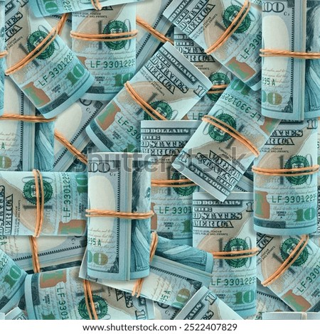A seamless pattern depicting bundles of one hundred dollar bills, symbolizing wealth, finance, and prosperity. Perfect for financial or business-related designs.