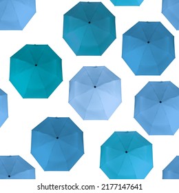 Seamless pattern of different light blue colors umbrellas isolated on white background