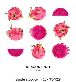 Seamless pattern with dragonfruit on the white background. Abstract background. Pitaya on the white background.