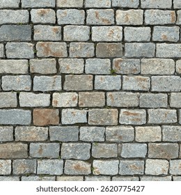 Seamless pattern, endless wall of old stone blocks. The floor is made of paving stones.