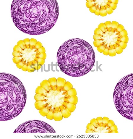 Seamless pattern featuring vibrant purple cabbage slices and yellow corn cross-sections on a white background. Fresh vegetable design perfect for food themes, healthy eating concepts, kitchen decor