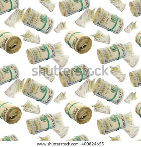 Seamless pattern of floating rolls of one hundred US dollar bills isolated on a white background. Financial concept representing wealth, investment, cash flow, business success, banking and economic growth. Ideal for finance and business-related designs.