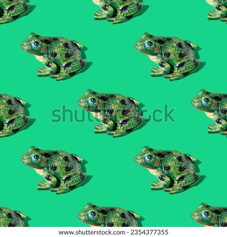 Seamless pattern from frog statue on green background with shadows