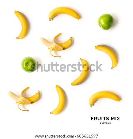 Seamless pattern with fruits. Tropical abstract background. Banana and apple on white background.