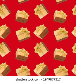 Seamless pattern with gold gift boxes on red background. Pattern for fabric print, wrapping paper design. New Year and Christmas background. Holiday design.