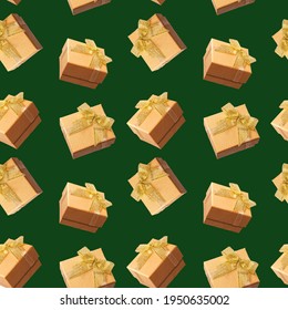 Seamless pattern with golden gift boxes on dark green background. Pattern for fabric print, wrapping paper design. New Year and Christmas background, greeting card. Holiday design.