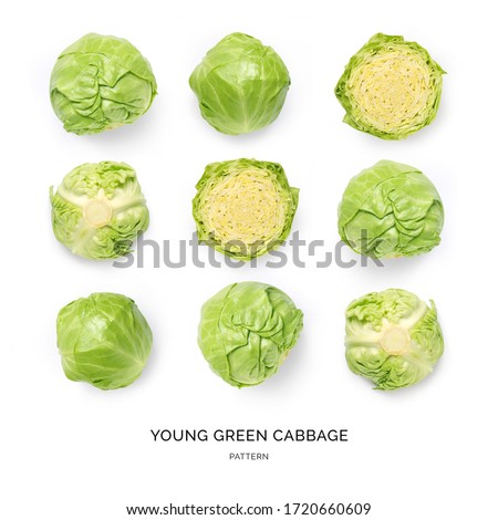 Seamless pattern with green cabbage on the white background.. Flat lay. Food concept.  