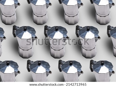 Seamless pattern with Italian geyser coffee makers on a grey background.