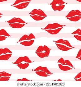 Seamless pattern with lips. Repeat design for textile and wrapping paper in pink and red colors with kisses drawing. Vector illustration