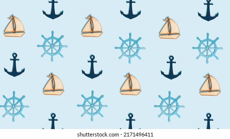 Seamless Pattern Made Of Anchor, Boat And Rudder On Bright Blue Background. Minimal Summer Season Concept. Tropical Vacation Flat Lay Wallpaper Idea.