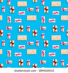 Seamless pattern made from gift boxes on blue background presents, gifts minimal concept seamless pattern. Abstract pattern for christmas birthday wedding