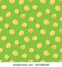 Seamless Pattern Made From Potato Chips On Green Background Flat Lay. Potato Snack Chips Isolated Fast Food Banner.