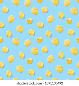 Seamless Pattern Made From Potato Chips On Light Blue Background Flat Lay. Potato Snack Chips Isolated Fast Food Banner.