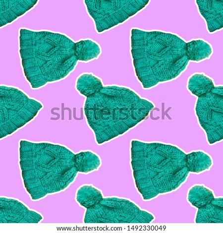 Seamless pattern of many knitted beanie hats. Collage art