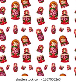 Seamless pattern of matreshka nesting doll on white background isolated, red matrioska ornament wallpaper, beautiful matryoshka backdrop, russian national art souvenir, traditional style decor print