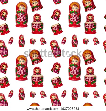Seamless pattern of matreshka nesting doll on white background isolated, red matrioska ornament wallpaper, beautiful matryoshka backdrop, russian national art souvenir, traditional style decor print