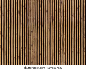 Seamless Pattern Of Modern Wall Paneling With Vertical Wooden Slats For Background. Raw Material Of Natural Brown Wood Lath.