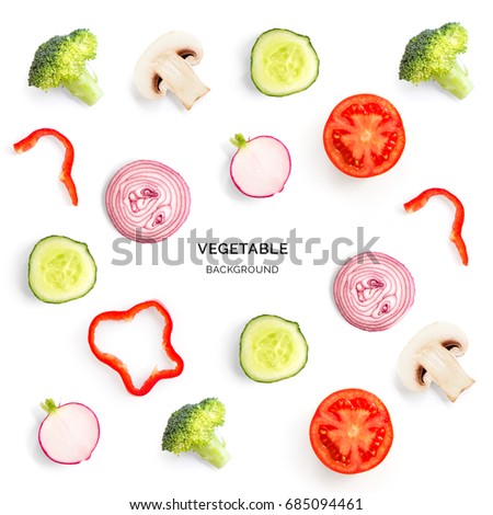 Seamless pattern with mushroom champignon, tomato, cucumber, radish, broccoli, pepper. Vegetables abstract background. Champignon, tomato, cucumber, radish, broccoli, pepper on the white background.