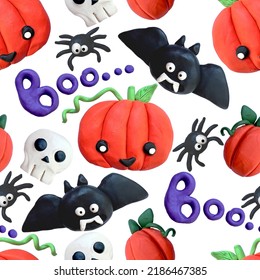 seamless pattern on the theme of halloween. cute 3d plasticine sculptures. funny characters ghost, pumpkin, skull. print for kids