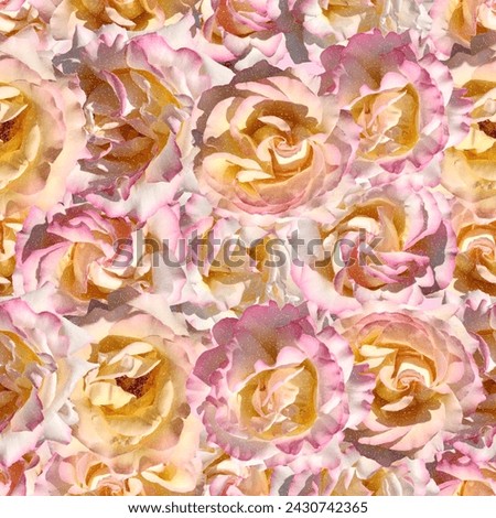 Seamless pattern of Peace Rose flower heads in full bloom photographed on a sunny day and edited with an antique effect.