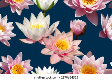 Seamless pattern with pink water lilies on a blue background. - Shutterstock ID 2179654535