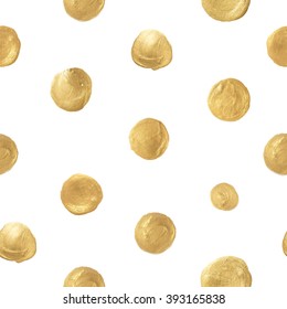Seamless pattern with polka dots. Painted golden circles on white background. 