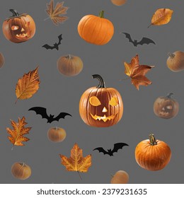 Seamless pattern with pumpkin and yellow leaves. Halloween, festive seamless pattern. Endless background with pumpkins, bats, spiders, ghosts