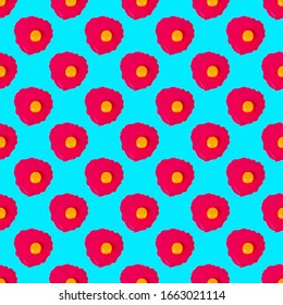 Seamless pattern raw pink eggs on blue background isolated, repeating ornament broken egg, yellow yolk on red backdrop, Easter banner, creative paschal poster, art food wallpaper, trendy print design