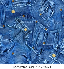 Seamless pattern of real blue denim pants. Jeans patchwork texture with gold buttons and rivets. Template with web banner, poster, card, greeting for social networks and media. Abstract background. - Shutterstock ID 1819745774