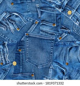 Seamless pattern of real denim pants. Blue jeans patchwork texture with gold buttons and rivets. Template with web banner, poster, card, greeting for social networks and media. Abstract background. - Shutterstock ID 1819371332