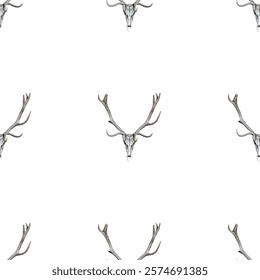 Seamless pattern Red deer Elk old skulls Background for Halloween design Scull wrapping paper Wallpaper cloth fabric web design Scary party template 
