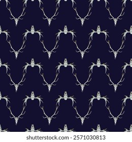 Seamless pattern Red deer skulls on dark blue Background for Halloween design Scull wrapping paper Wallpaper cloth fabric web design Scary party template