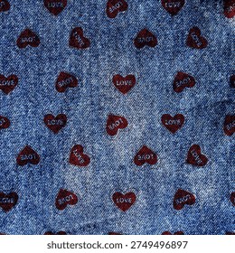 
Seamless pattern with red hearts scattered over a blue denim fabric texture. Romantic love-themed textile design combining classic jeans material with cute heart elements, perfect for Valentine’s Day prints, fashion fabrics, wrapping paper, and decorative backgrounds.