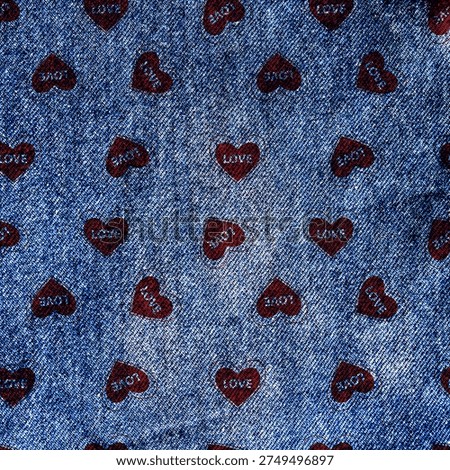 
Seamless pattern with red hearts scattered over a blue denim fabric texture. Romantic love-themed textile design combining classic jeans material with cute heart elements, perfect for Valentine’s Day prints, fashion fabrics, wrapping paper, and decorative backgrounds.