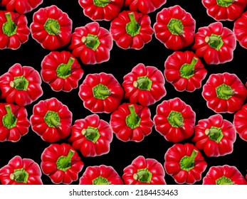 Seamless pattern with red peppers on a black background.