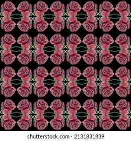 Seamless pattern of red rose flowers covered with air bubbles, against a black square background. Selective focus - Powered by Shutterstock