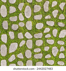 Seamless pattern for renderings applications of a grey concrete flooring blocks with grass permeable to rain water used for sidewalks and parking areas