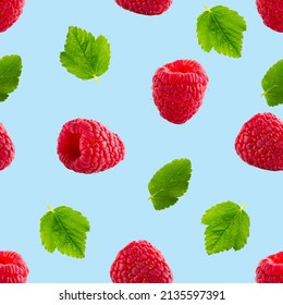 Seamless Pattern With Ripe Raspberry. Berries Abstract Background. Raspberry Pattern For Package Design With Blue Background.